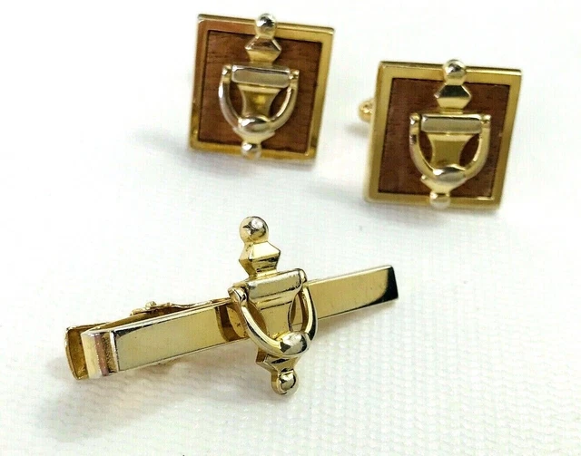 Vintage ANSON 1950s DOOR KNOCKER Cufflinks Tie Bar Set Wood Moveable