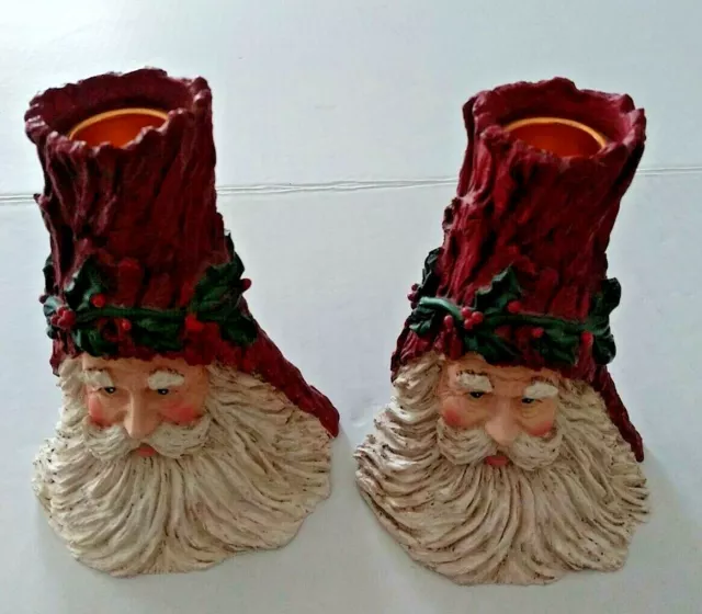 2 Roman Inc Santa Candleholders USA 5" Woodland Old World Tree Christmas