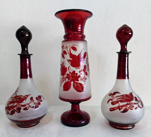 Vintage Ruby Red Painted Bohemian Czech Glass Frosted Vase- flowers, bird art