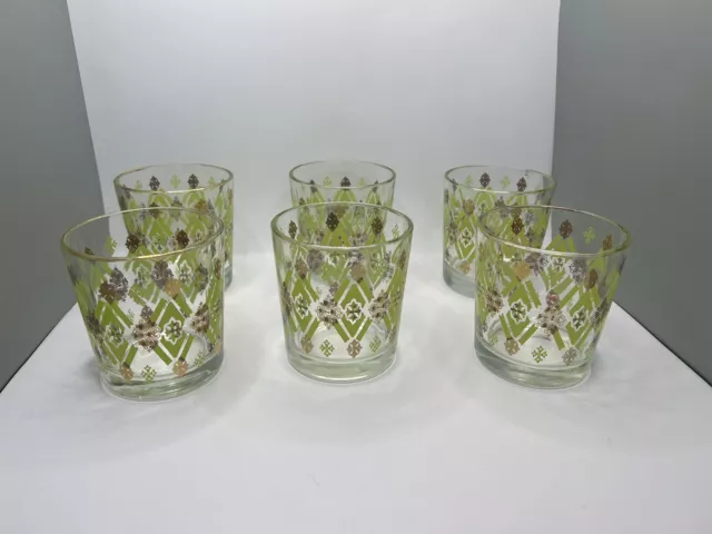 Set Of 6 Vintage MCM Glass Green And Gold Diamond Design 4” Rocks Glasses