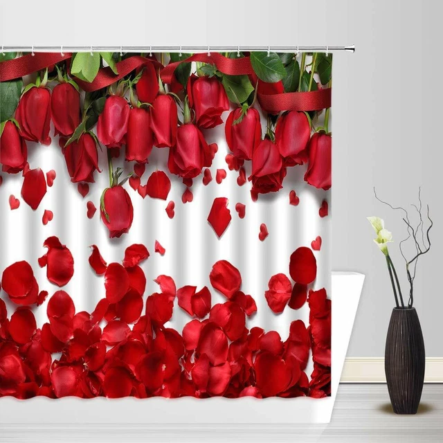 Red Rose Shower Curtain Romantic Style with Hooks Valentines Day Bathroom Decor