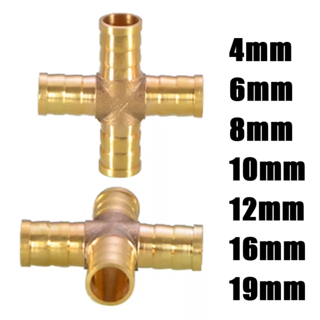 4 Hose 4mm-19mm Brass Cross Joiner Barbed Splitter Connector Air Fuel Water Pipe