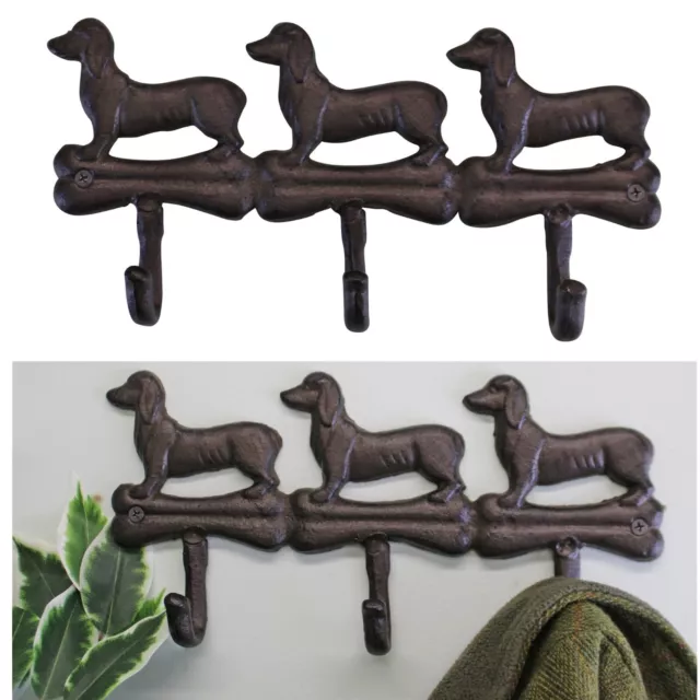 Cast Iron 3 Sausage Dogs Hooks Wall Mount Bone Design 3 Hook Rack Hallway Hanger