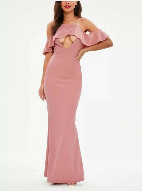 MISSGUIDED MAXI DRESS Rose Pink Cut Out Detail Ruffle Stretch