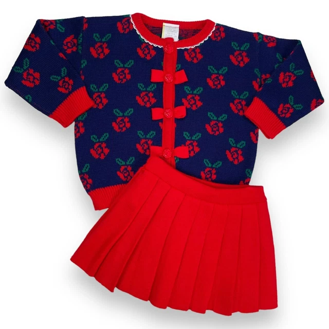 Vintage Floral Sweater Cardigan + Pleated Knit Skirt Matching Outfit Set 12m +