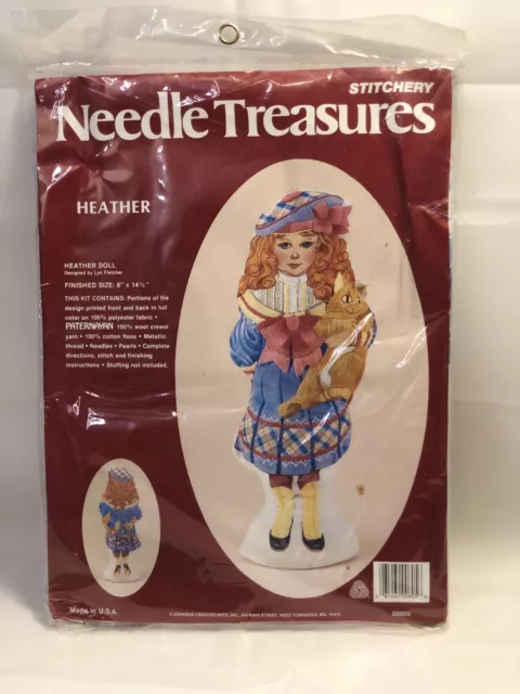 NEEDLE TREASURES STITCHERY HEATHER Doll Crewel 14 X 6 Girl With Cat $12 ...