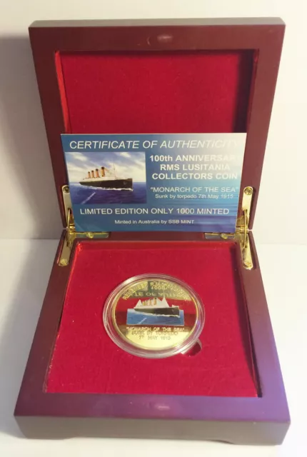 NEW 2015 100th ANN RMS LUSITANIA 1 Oz Coin C.O.A. With Wood D/Box LTD 1,000