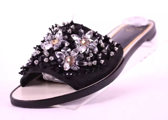 LANVIN Black Satin Crystal Embellished Almond Toe Slide Sandals 36.5