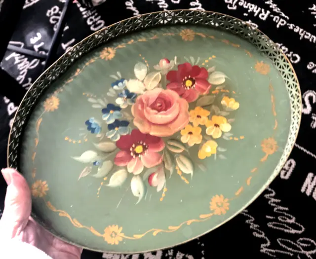Vtg MCM Oval Green Hand-Painted Floral Rose TOLE TRAY Tin FILAGREE Dresser Metal