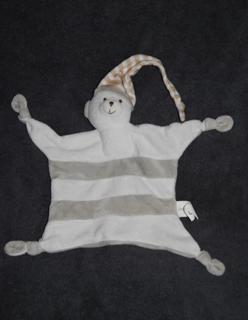 Doudou Ours Plat CREDIT MUTUEL Blanc Gris Rayé Taupe Sans Nœud Papillon TTBE