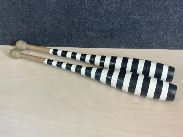 Pair Vintage Stripe Wooden Juggling Batons Pins Clubs Calisthenics Retro