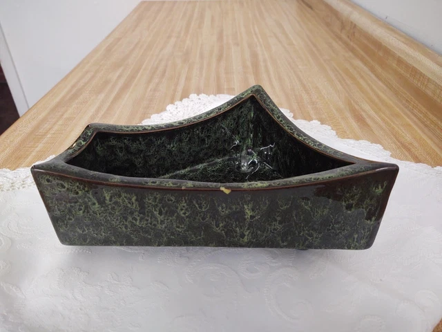 MCM Vtg. ceramic planter; footed, geometric. Green, black and brown glaze.
