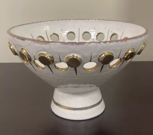 Beautiful 1950s Mid-Century BITOSSI Ceramic White & Gold Fruit Bowl Center Piece