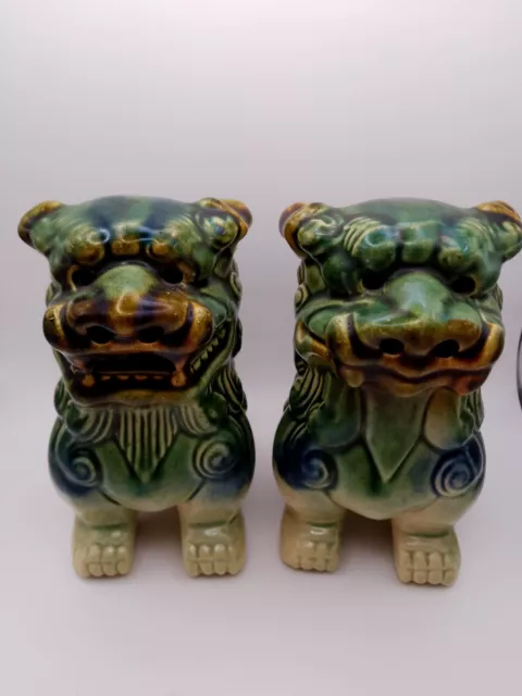 A Pair Of  Chinese Foo Dog-Fu Lion Green Blue Ceramic