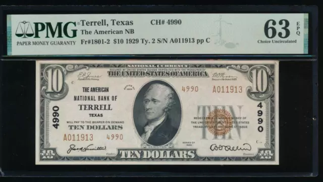 AC 1929 $10 American National Bank Terrell, Texas Ch #4990 PMG 63 EPQ