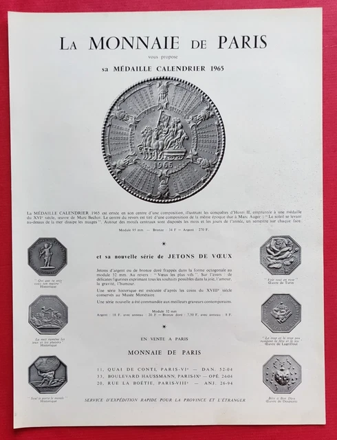 Ancienne Médaille Calendrier 1965 Fouet Et Discutit - France 5ème République (laiton)