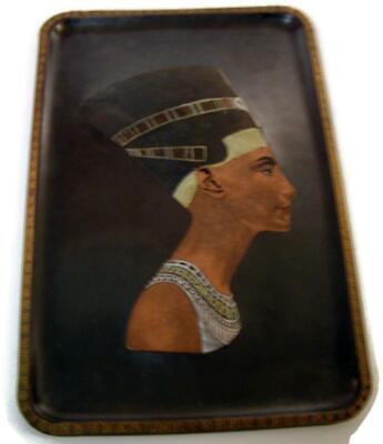 1940s Egyptian Revival Blackened Copper 13" Queen Tray Artist Signed