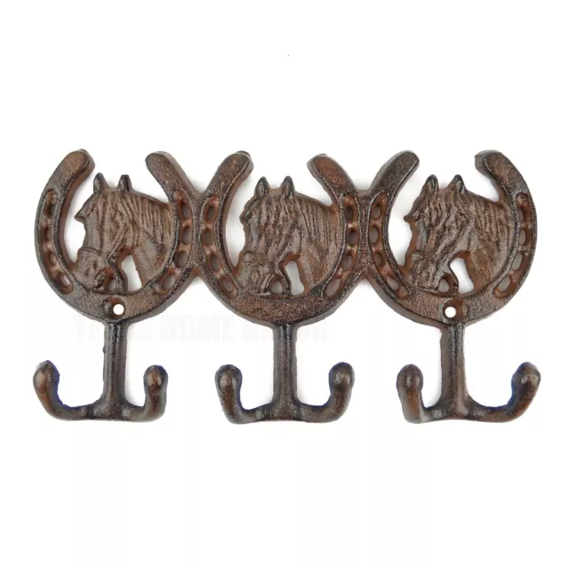 Cast Iron Horses Horseshoes Wall Hook Rack Key Towel Coat Hanger Rustic Brown