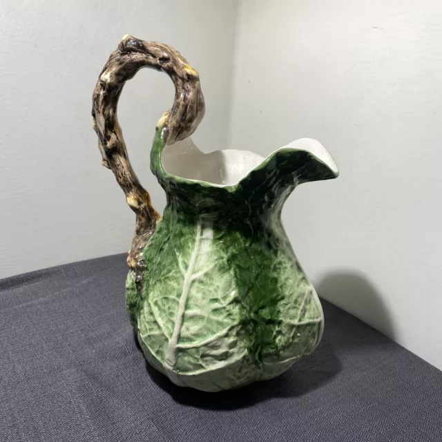 Vintage Italian Majolica Ceramic Cabbage Pitcher 10” Tall