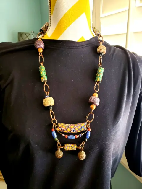 Antique VTG Venetian African Millefiori Trade Beads Elbow Necklace Boho