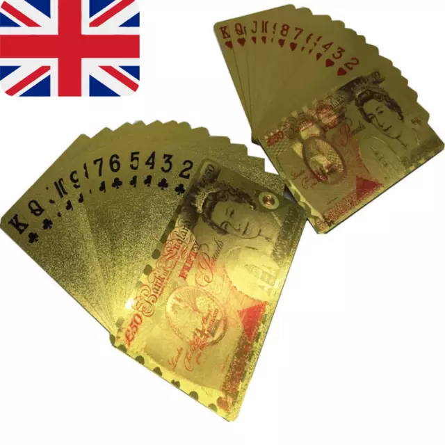 £50 Pound 24k Gold Plated Foil Flexible, Waterproof Poker Playing Cards Set Deck