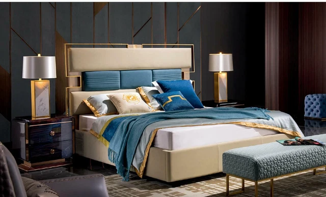 Lit Chambre Table de Chevet Complet Set Ensemble 3tlg. Bois Cuir Lits Neuf