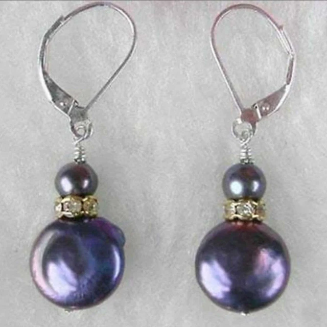 Natural round black coloured coin pearl silvering earrings Hook Wedding CARNIVAL