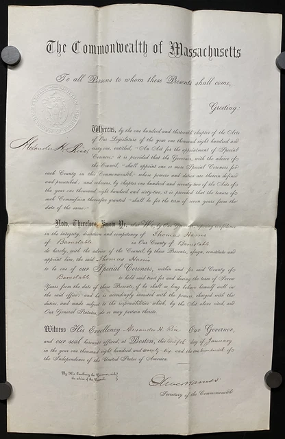 Governor ALEXANDER RICE & OLIVER WARNER Massachusetts Historical Document Signed