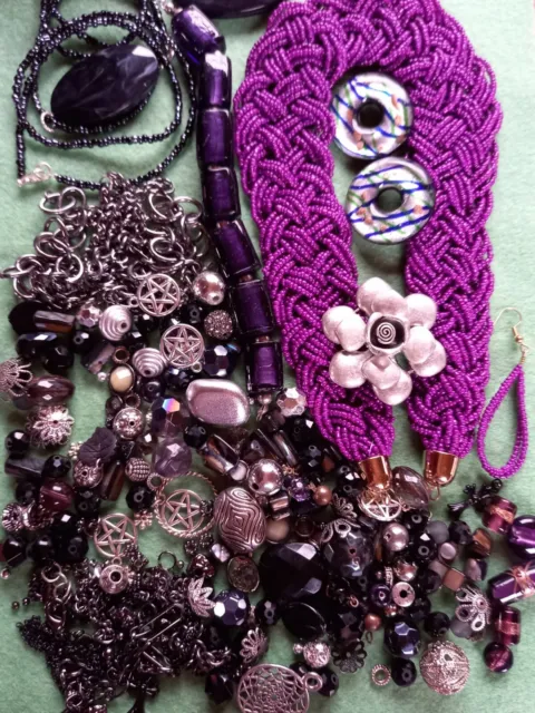 Job Lot Broken Jewellery Purple & Black Mixed Beads, Charms & Chains Pagan Witch