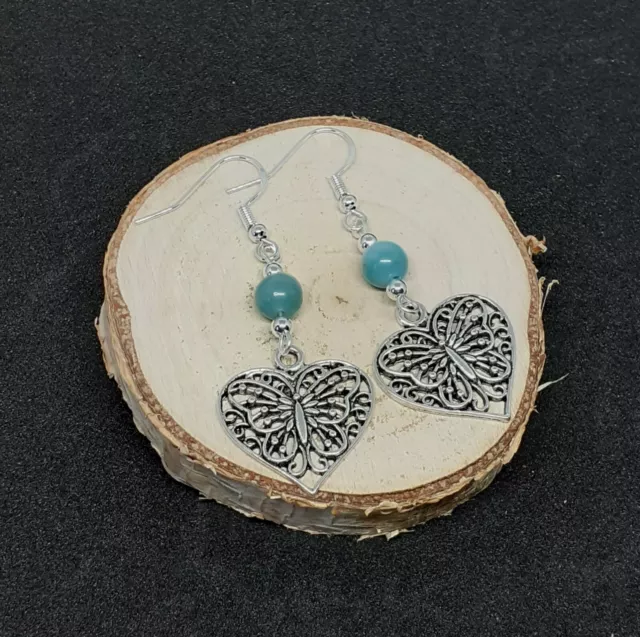 Amazonite Butterfly Heart Silver Earrings. Crystal Healing Gemstone Chakra