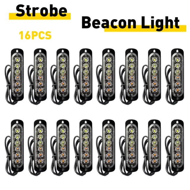 16PCS 6 LED Amber White Truck Grill Side Marker Emergency Strobe Light Bar EAW