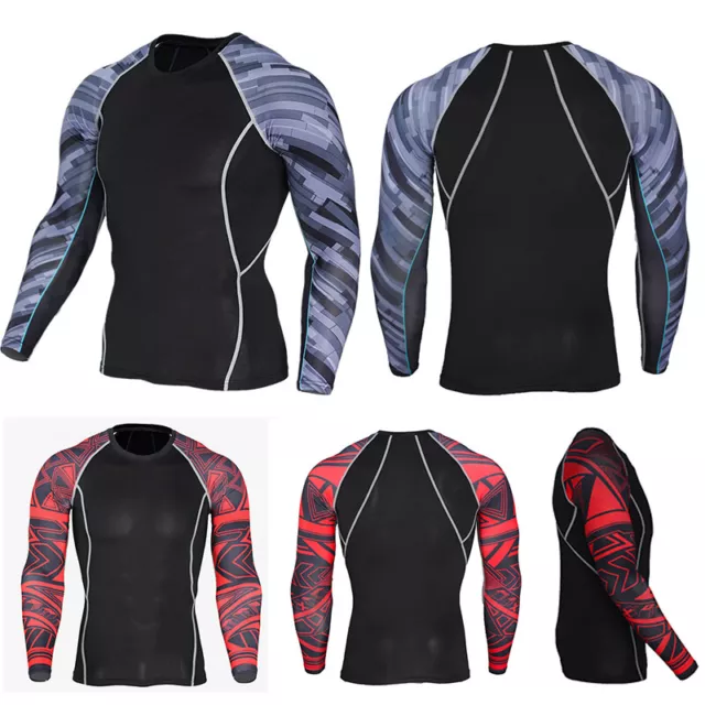 ❀T-Shirt De Compression Pour Hommes À Manches Longues Rash Guard Tops Sports F