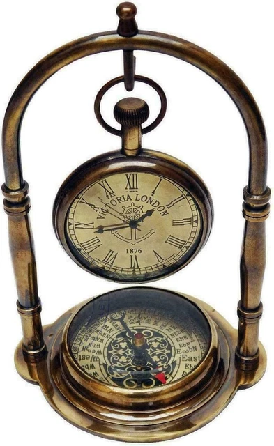 Messing Tischuhr Nautisch Antik Tischdeko Maritime Vintage Uhr mit Kompass