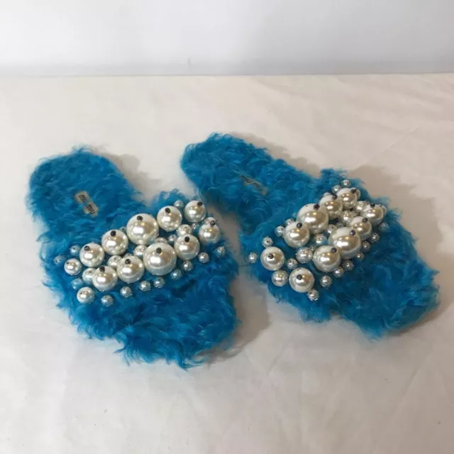 MIU MIU BLUE faux fur mohair pearl embellished slippers flats size