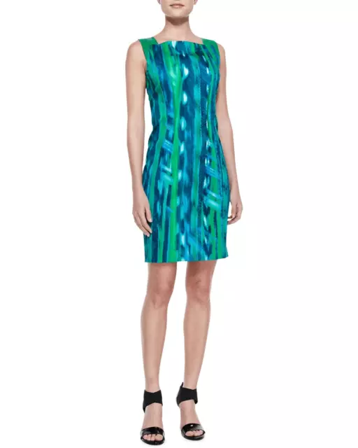 Elie Tahari Davis Bay Blue and Green Fitted Sheath Dress with Leather Trim