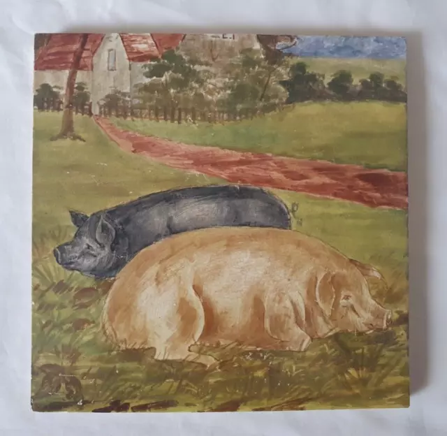 Charming Hand Painted Pigs Design Craven Dunnill 6 Inch Tile, Circa 19Th Century