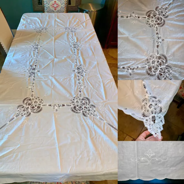 Vintage Battenburg Lace White Rectangle Tablecloth 64”x96” Floral