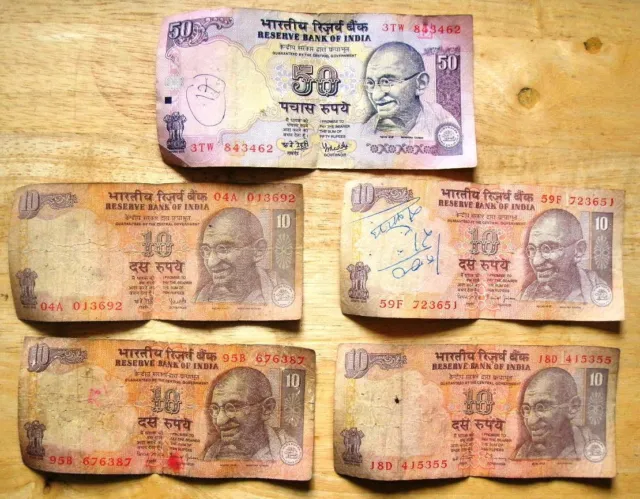 India One 50 & Four 10 Rupees Banknotes (Mahatma Gandhi motif)
