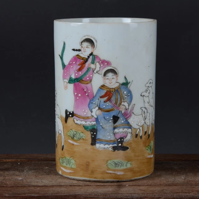 4.7" Collect Famille Rose Porcelain Hand Painting Cultural Revolution Brush Pot