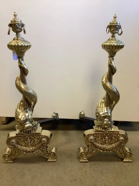 Pair of Brass Sea Creature/Dolphin Andirons 28 1/4” H 11” W