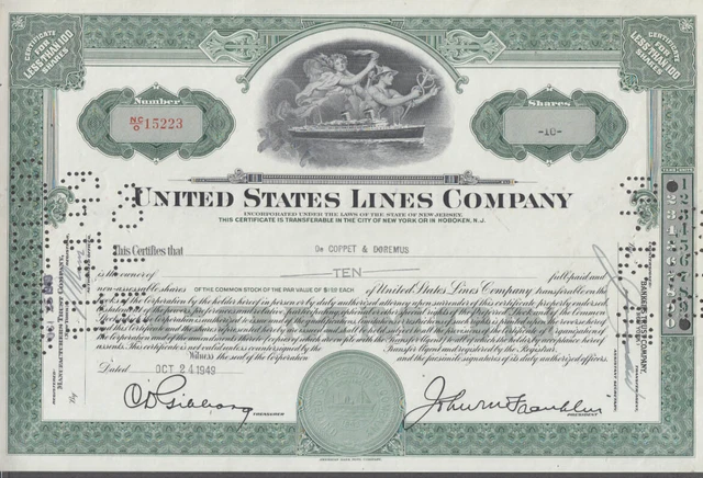 United States Lines steamship stock certificate ten shares 1949 S S America