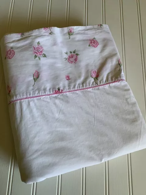 Lady Pepperell Pink White Roses Percale Flat Sheet Cotton Cottagecore 81 X 108