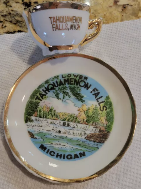 Vintage Souvenir Gold Tahquamenon Falls Michigan Tea Cup & Saucer Miniature