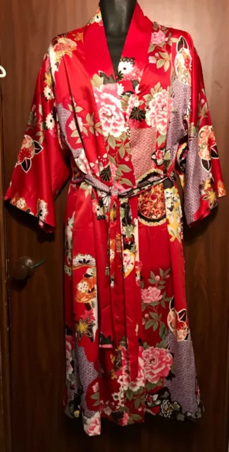 Natori Private Luxuries SZ Medium Kimono Wrap Robe Red Floral Medallion Print