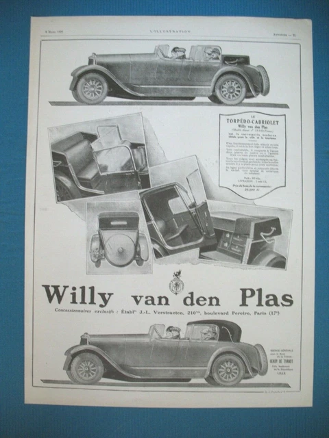 Publicite De Presse Willy Van Den Plas Torpedo Cabriolet Automobile Ad 1926