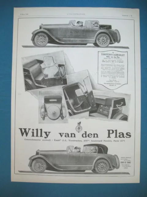 Willly Van Den Plas Torpedo Automotive Convertible Ad 1926 Press Advertisement