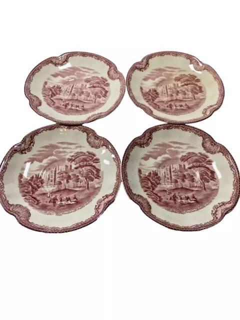 Four Johnson Bros Old British Castles Red/White Saucer Plates Scalloped Edge 6"