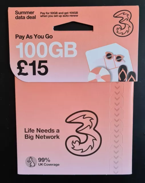 Official Three 3 Network SIM Card Pay You Go SIM Card 100GB £15 New Sealed