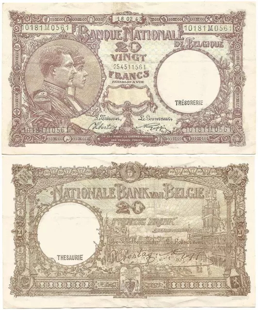 1943 KINGDOM of BELGIUM Vingt or 20 Francs NATIONAL BANK Note ALBERT & ELISABETH