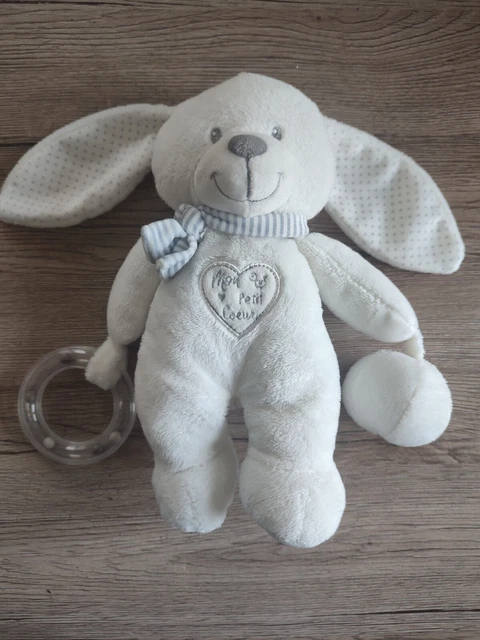 Doudou Lapin Pommette Blanc Gris Brode Mon Petit Coeur  Eveil Anneau Grelot Tbe